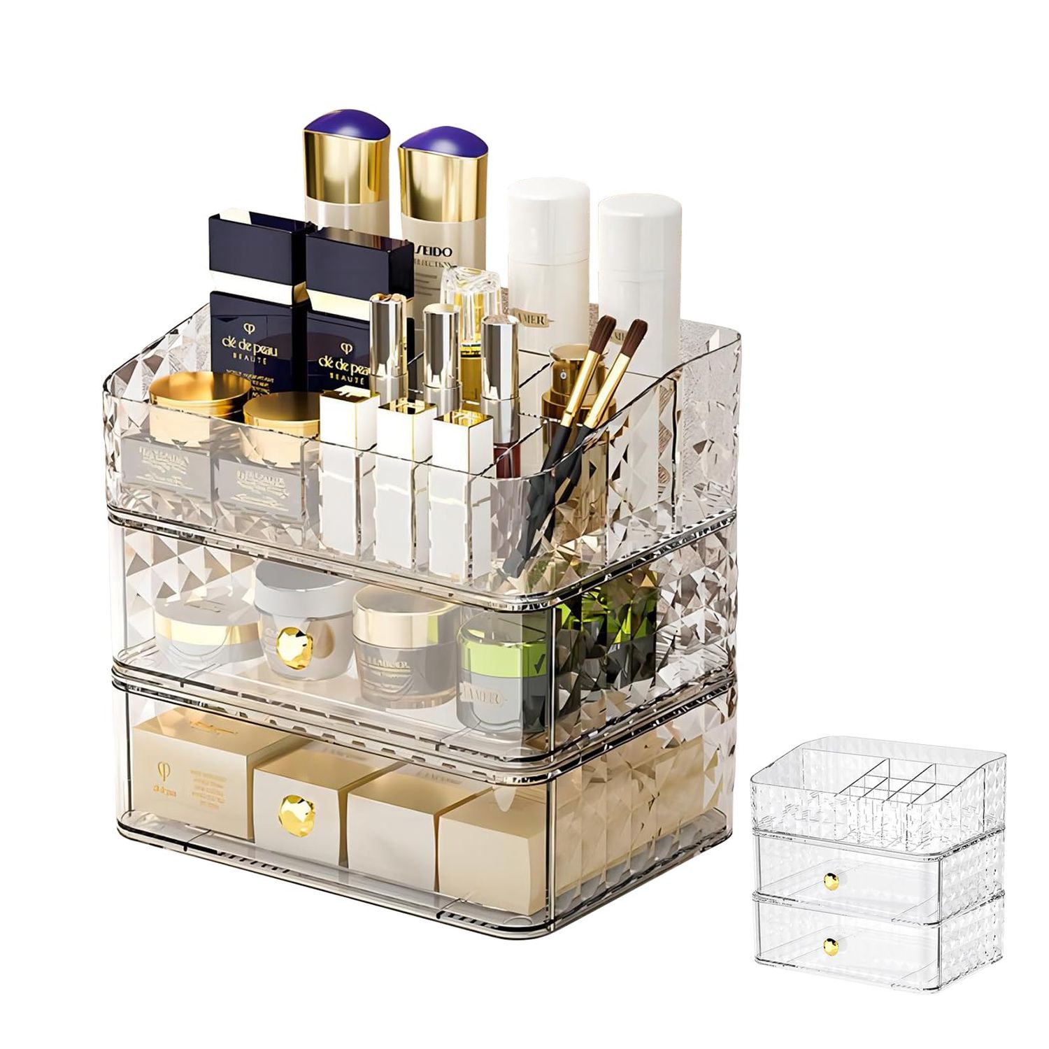 DASITON Makeup Organizer with Drawers,Stackable Cosmetic Organizer for Vanity Countertop,Diamond Pattern Cosmetic Display Cases for Skincare Perfumes Lotions Lipsticks,Makeup Storage(Clear 03)