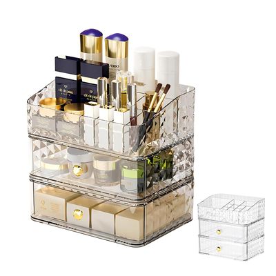 DASITON Makeup Organizer with Drawers,Stackable Cosmetic Organizer for Vanity Countertop,Diamond Pattern Cosmetic Display Cases for Skincare Perfumes Lotions Lipsticks,Makeup Storage(Clear 03)