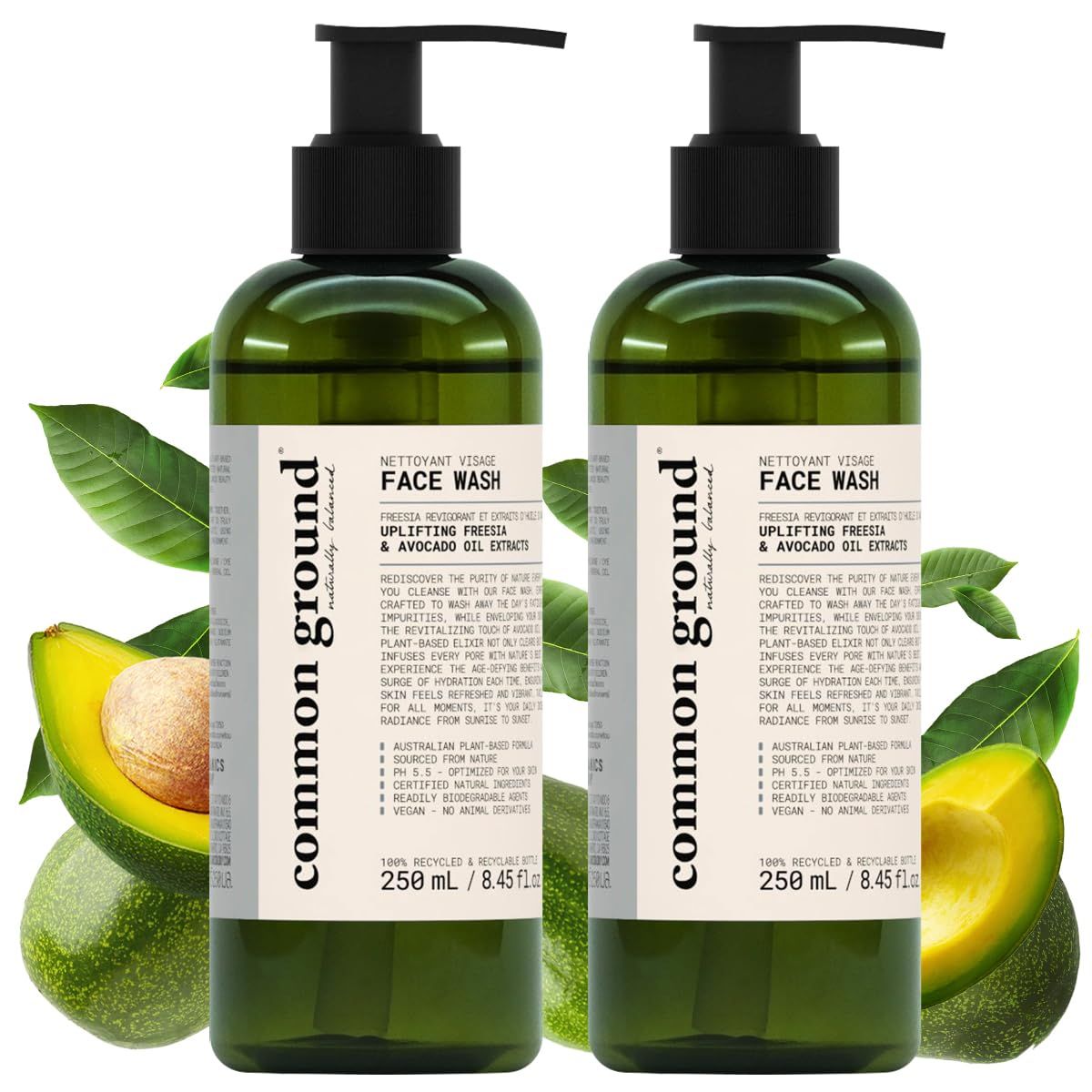 COMMON GROUND All Natural Face Cleanser Wash, Paraben &amp; Cruelty Free, Normal, Oily, Dry, Sensitive, Organic, Vegan, Plant-Based, pH 5.5, Avocado Oil, Men, Women, 8.4 Fl Oz (2 Pack)