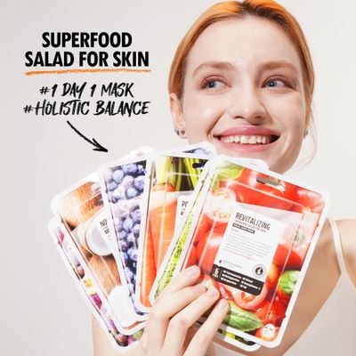 FARMSKIN Superfood Salad Sheet Mask Set of 6 | Korean Face Mask Sheets w/Mangosteen, Broccoli, Carrot, Coconut, Blueberry & Tomato | Refreshing, Nourishing & Cruelty-Free Face Mask Skincare Set