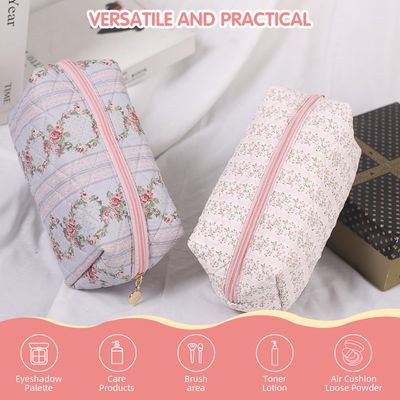 Floral Makeup Bag, Cute Quilted Makeup Toiletry Bag, Zipper Cosmetic Pouch, Daily Travel Use Skincare Bag, Multipurpose Organizer Bag (2Pack Pink + Blue)