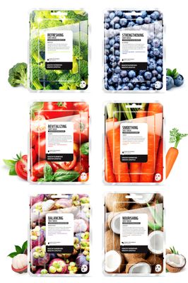 FARMSKIN Superfood Salad Sheet Mask Set of 6 | Korean Face Mask Sheets w/Mangosteen, Broccoli, Carrot, Coconut, Blueberry &amp; Tomato | Refreshing, Nourishing &amp; Cruelty-Free Face Mask Skincare Set