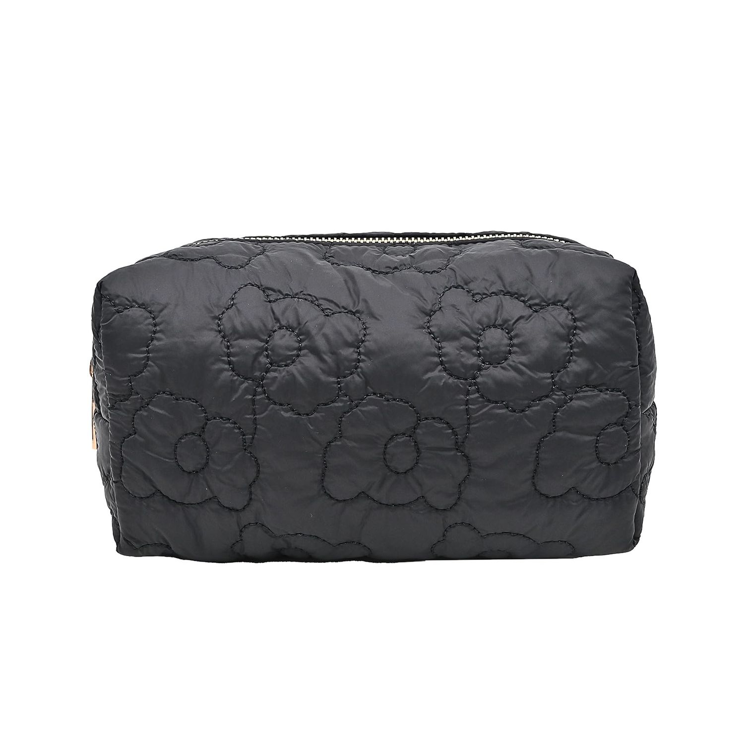 Geliqiao Puffy Quilted Makeup bag, Floral Cotton Cosmetic Bag, Makeup Pouch for Purse Women Cute Small Makeup Bag Organizer, Skincare Beauty Toiletry Bag Zipper Aesthetic Coquette Girl Bag (black)