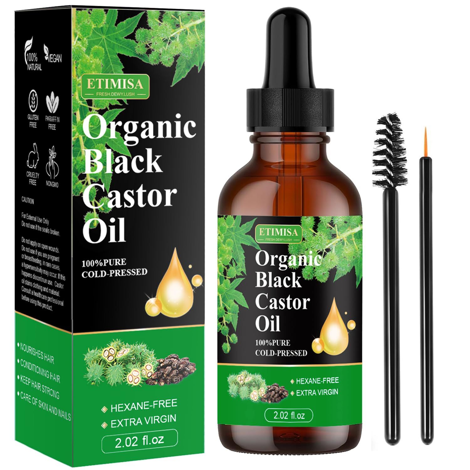 Etimisa Organic Black Castor Oil,100% Pure Natural ,Cold Pressed, Glass Bottles, Hair,Eyebrow Care, Skin Care, Castor Oil for Body &amp; Carrier Oil