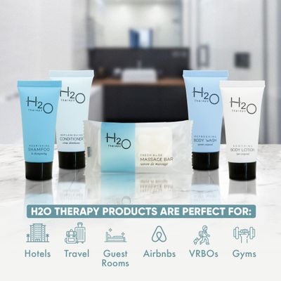 H2O Therapy Hotel Soaps and Toiletries Bulk Set | 1-Shoppe All-In-Kit Amenities for Hotels & Airbnb | .85oz Hotel Shampoo & Conditioner, Body Wash, Body Lotion & 1 oz Bar Soap Travel Size | 300 Pieces