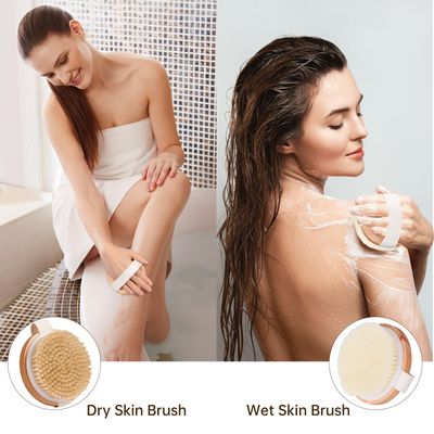 2 PCS Bamboo Dry Body Brushes, Shower Brush Wet and Dry Brushing, Body Scrubber with Soft and Stiff Bristles,Dry Brush for Cellulite and Lymphatic, Suitable for All Kinds of Skin