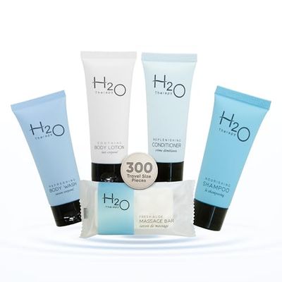 H2O Therapy Hotel Soaps and Toiletries Bulk Set | 1-Shoppe All-In-Kit Amenities for Hotels &amp; Airbnb | .85oz Hotel Shampoo &amp; Conditioner, Body Wash, Body Lotion &amp; 1 oz Bar Soap Travel Size | 300 Pieces