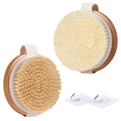 2 PCS Bamboo Dry Body Brushes, Shower Brush Wet and Dry Brushing, Body Scrubber with Soft and Stiff Bristles,Dry Brush for Cellulite and Lymphatic, Suitable for All Kinds of Skin