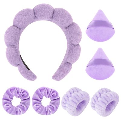 Araluky 7Pc Puffy Spa Headband and Wristband Set for Washing Face, Skincare Headbands with Scrunchies, Powder Puffs, Sponge, Makeup Headband, Terry Cloth Headband for Mask Makeup Removal-Purple