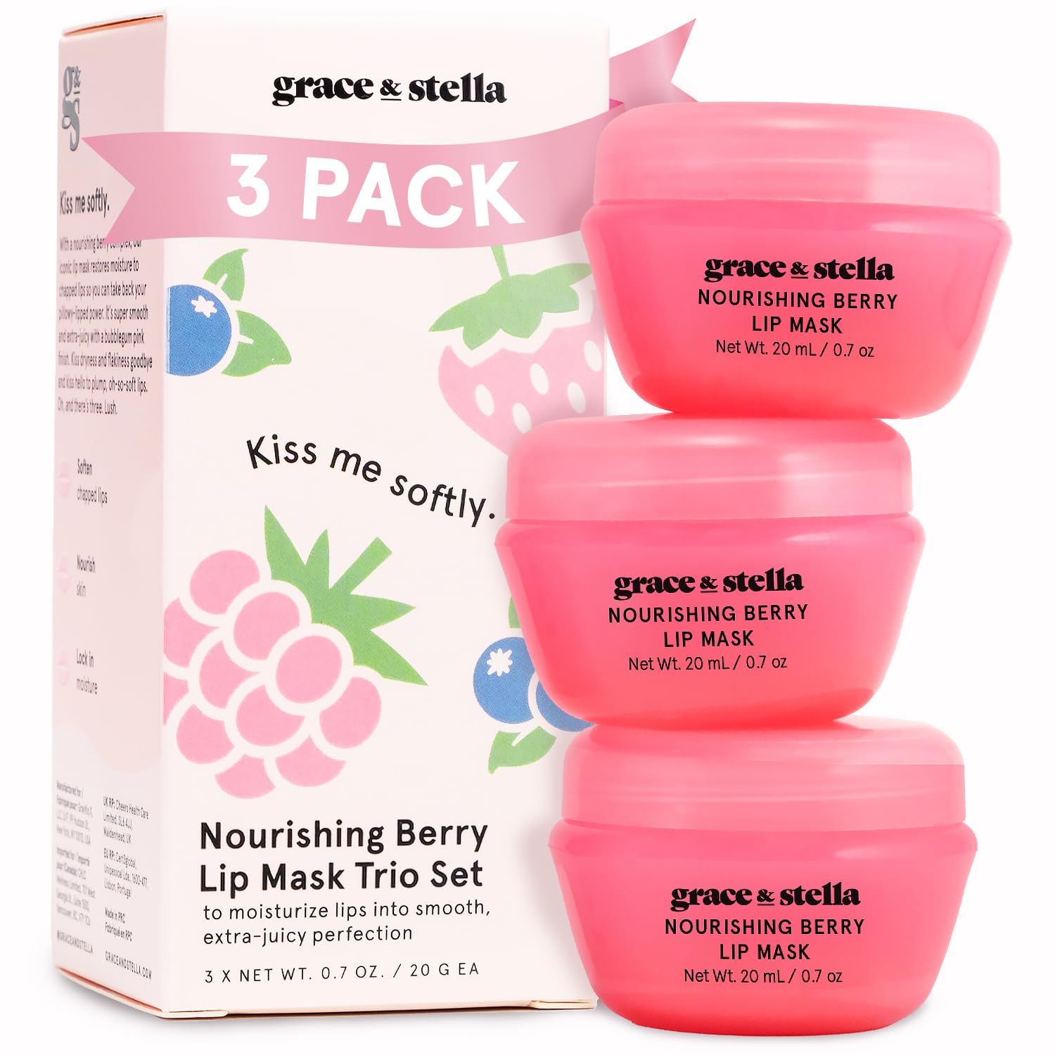 Grace &amp; Stella Kiss Me Softly Nourishing Berry Lip Balm Hydrating - Lip Mask Overnight - Lip Moisturizer For Very Dry Lips - Overnight Lip Mask - Lip Sleeping Mask - Vegan (20ml, 3-Pack)