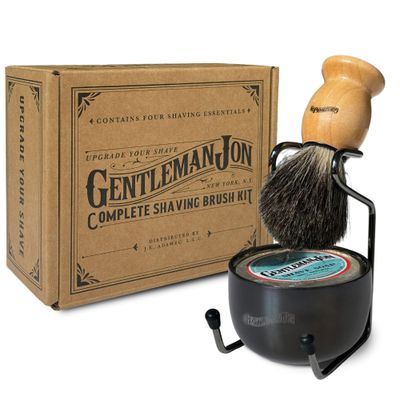 Gentleman Jon Complete Shaving Brush Kit - Old Fashion Shaving Kit for Men, Includes Shave Brush, Shave Bowl, Shave Soap &amp; Stand, Vintage Wet Shave Mug, Barber-Style 4-Piece Gift Set