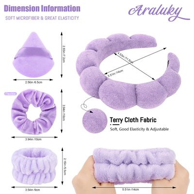 Araluky 7Pc Puffy Spa Headband and Wristband Set for Washing Face, Skincare Headbands with Scrunchies, Powder Puffs, Sponge, Makeup Headband, Terry Cloth Headband for Mask Makeup Removal-Purple