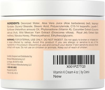 Coera Vitamin K Cream 4 oz | Premium Formula for Bruises, Spider Veins, Dark Circles, Broken Capillaries, Eyes, and Face | Paraben and SLS Free