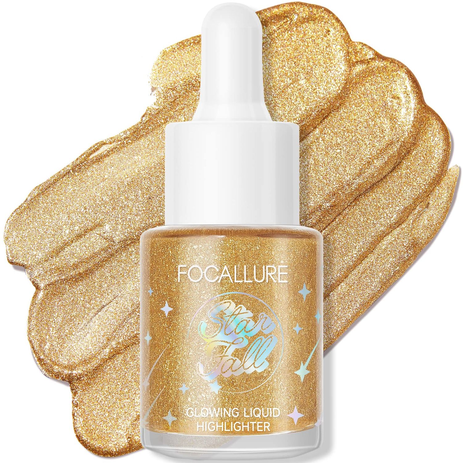 FOCALLURE Starfall Glowing Liquid Highlighter, Shimmering Body Oil, Non-Sticky Shimmer Liquid Luminizer, Non-Greasy, Face &amp; Body Glitter Makeup for Costumes, Cosplay, Rave Festival, I&#39;m Rich