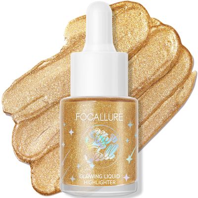 FOCALLURE Starfall Glowing Liquid Highlighter, Shimmering Body Oil, Non-Sticky Shimmer Liquid Luminizer, Non-Greasy, Face &amp; Body Glitter Makeup for Costumes, Cosplay, Rave Festival, I&#39;m Rich