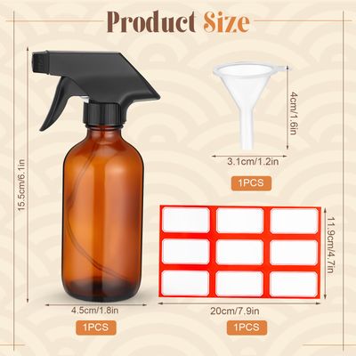 Fumete 2 Pack Glass Spray Bottles 4 oz Hair Spray Bottles small Refillable Empty Bottle with 1 Label 1 Funnel for Hair Essential Oils Travel Plants Cleaning Skin Care(Amber, Black Top)