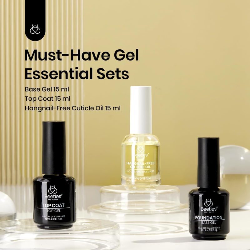 Beetles Gel Top Coat Base Coat Cuticle Oil Set, 3Pcs 15ml No Wipe Top Coat Gel Glossy Shine Long Lasting Cuticle Protectors Kit Oil Care for Dry Damaged Cuticles Valentine's Day Gift for Women