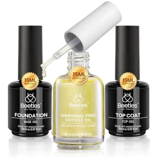 Beetles Gel Top Coat Base Coat Cuticle Oil Set, 3Pcs 15ml No Wipe Top Coat Gel Glossy Shine Long Lasting Cuticle Protectors Kit Oil Care for Dry Damaged Cuticles Valentine's Day Gift for Women