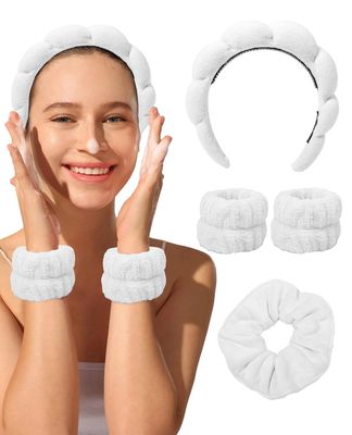 AWAYTR Sponge Spa Headband for Women Washing Face Makeup Bubble Headband Puffy Skincare Headband for Girls Versed Headband Bonus Hair Scrunchie and 2 Wrist Wash Bands (White)