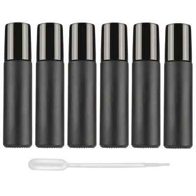 Essential Oil Roller Bottles, 6Pcs 10ml Black Glass Roller Bottles Vials Containers with Metal Roller Ball and black cap for Essential Oil Aromatherapy Perfume Cosmetic Skincare Liquid, 1 Dropper