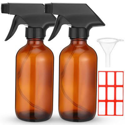 Fumete 2 Pack Glass Spray Bottles 4 oz Hair Spray Bottles small Refillable Empty Bottle with 1 Label 1 Funnel for Hair Essential Oils Travel Plants Cleaning Skin Care(Amber, Black Top)