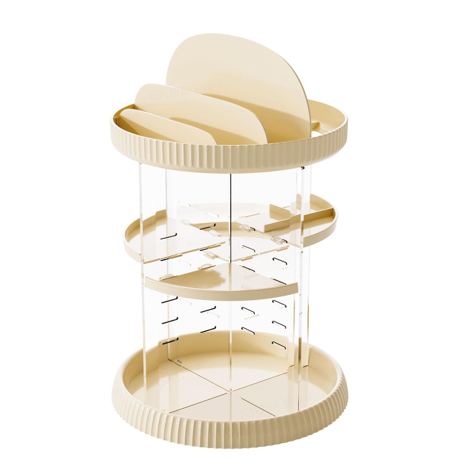 360 Rotating Makeup Organizer For Vanity,Adjustable Spinning Skincare Organizer With Brush Holder and Perfume Tray,Acrylic Beauty Product Carousel Storage for Dresser or Bathroom Countertop,Beige