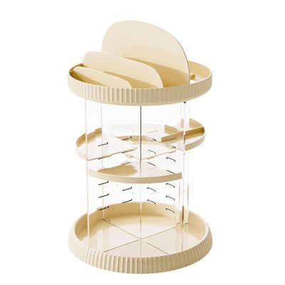 360 Rotating Makeup Organizer For Vanity,Adjustable Spinning Skincare Organizer With Brush Holder and Perfume Tray,Acrylic Beauty Product Carousel Storage for Dresser or Bathroom Countertop,Beige