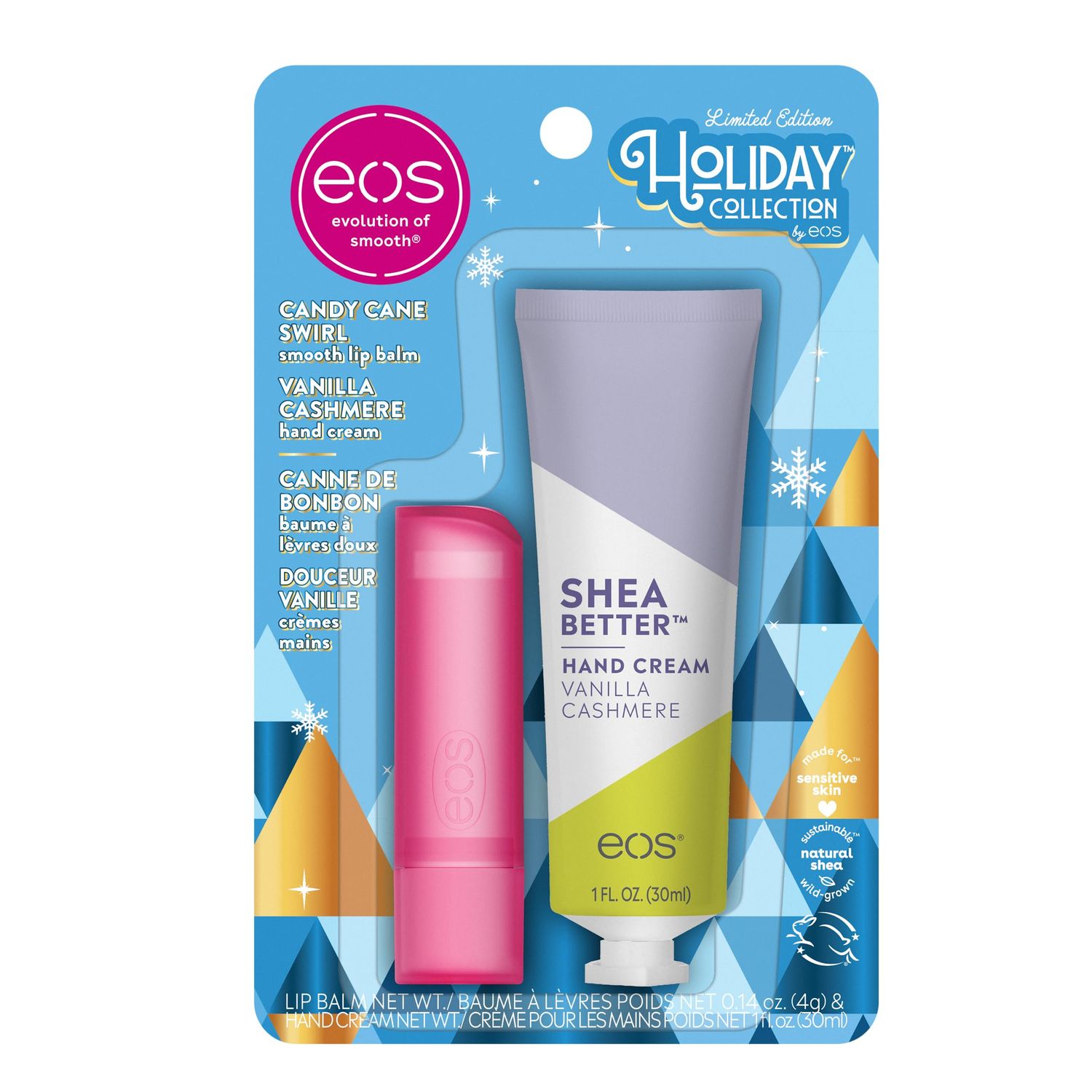 eos Holiday Skin Care Set- Vanilla Cashmere Travel Hand Cream &amp; Candy Cane Swirl Lip Balm, Stocking Stuffers, 1 fl oz Hand Cream + 0.14 oz Lip Balm, 2-Pack