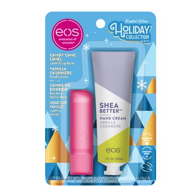 eos Holiday Skin Care Set- Vanilla Cashmere Travel Hand Cream &amp; Candy Cane Swirl Lip Balm, Stocking Stuffers, 1 fl oz Hand Cream + 0.14 oz Lip Balm, 2-Pack
