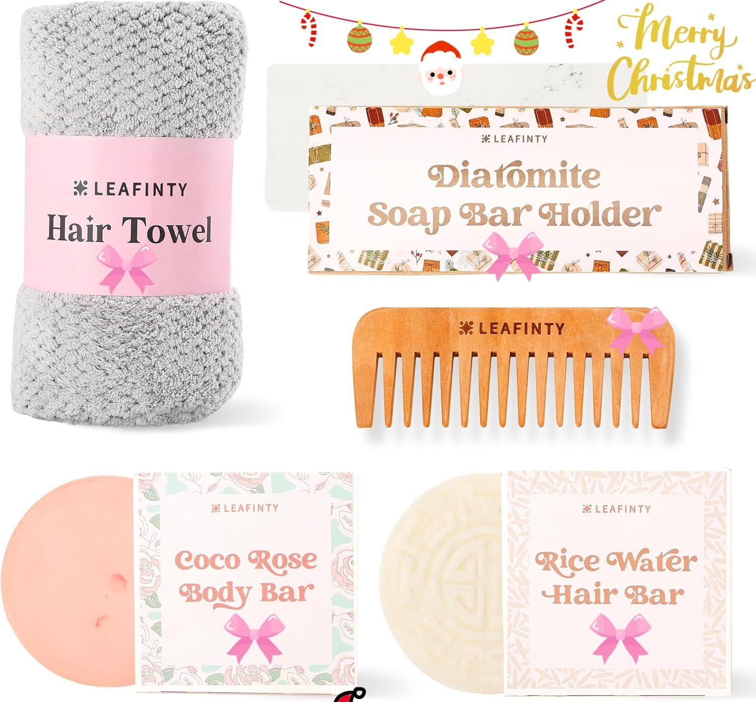 Bath Set for Women Christmas Beauty Spa Relaxation Kit: Includes Rice Shampoo Bar, Body Wash Bar, Soap Bar Holder, Wide-Tooth Hair Comb, and Microfiber Hair Towel - Perfect Bath Xmas Gifts for Women