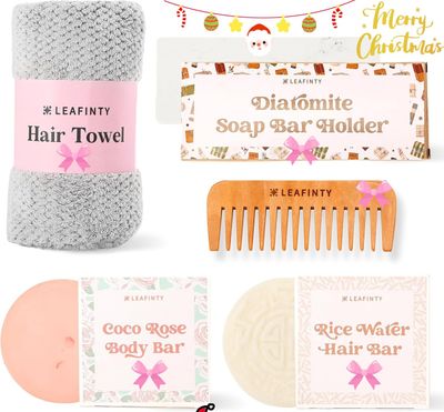 Bath Set for Women Christmas Beauty Spa Relaxation Kit: Includes Rice Shampoo Bar, Body Wash Bar, Soap Bar Holder, Wide-Tooth Hair Comb, and Microfiber Hair Towel - Perfect Bath Xmas Gifts for Women
