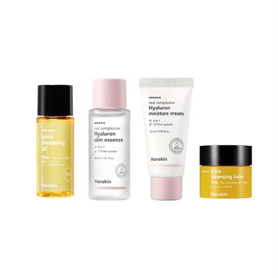 Hanskin Glass Skin On The Go Kit, Set of 4, Moisturizing Travel Friendly Hydrating Skincare Set for Glowing Skin, Cleansers, Skin Essence Toner and Moisturizer, Korean Skincare