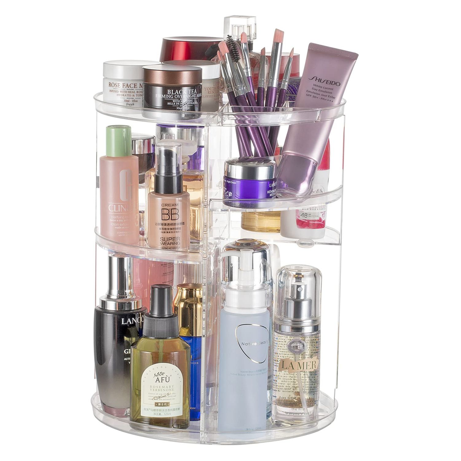Argox 360 Rotating Makeup Organizer, Skincare Storage Box, Cosmetic Display Case with Brush Holder Perfume Tray, Multifunctional Rotating Rack Suitable for Dressing Tables and Bathroom Countertops