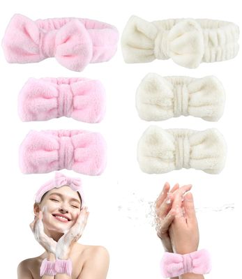 6PCS Spa Headband and Wristband Set for Washing Face, Bow Face Wash Headbands, Soft Skincare Headband, Makeup Headband, Wrist Towels for Washing Face Hair Bands for Women and Girls (Beige+Pink, Large)