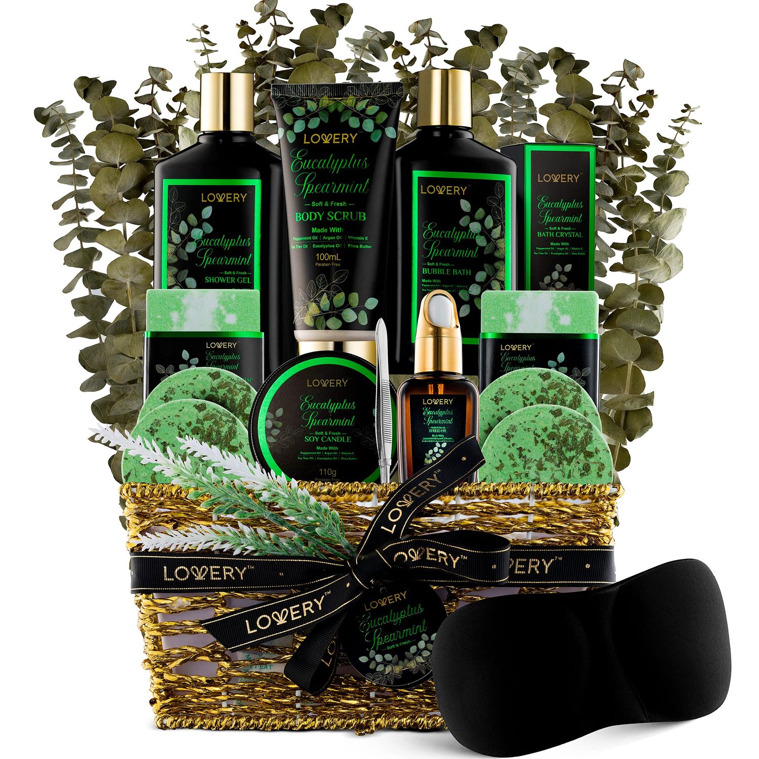 Christmas Eucalyptus Spearmint Bath Set, Home Spa Set with Natural Mint Fragrance, 17 Pcs Gift Basket, Eucalyptus Bath Oil, Shower Gel, Bubble Bath, Bath Crystal, Steamer Tablet &amp; More, Birthday Gift