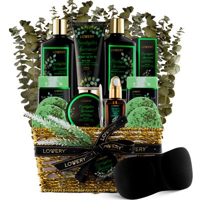 Christmas Eucalyptus Spearmint Bath Set, Home Spa Set with Natural Mint Fragrance, 17 Pcs Gift Basket, Eucalyptus Bath Oil, Shower Gel, Bubble Bath, Bath Crystal, Steamer Tablet &amp; More, Birthday Gift