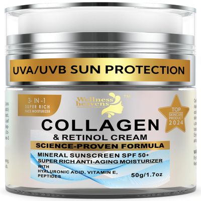 Face Cream with Collagen, Retinol &amp; Hyaluronic Acid-Face Moisturizer with SPF 50+ Mineral Sunscreen- Wrinkle Repair Anti Aging Moisturizing Cream with Vitamin E-Crema de Cara- Women &amp; Men- 1.7oz
