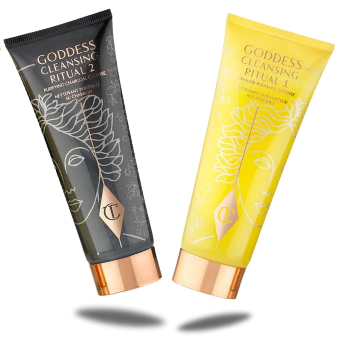 Charlotte Tilbury Goddess Cleansing Ritual. Two-step cleansing ritual with a citrus-based makeup remover followed by a bamboo charcoal-based purifying cleanser. 75ml/ 2.5 oz. each
