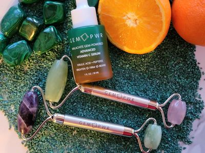GEM PWR Rose Quartz + Jade Roller for Face and Neck Massage, Dual Gemstones with Durable Steel Handle and Travel Bag. Minimize Wrinkles, Reduce Puffiness and Restore Skin's Elasticity and Radiance