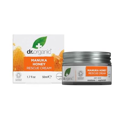 Dr. Organic Manuka Honey Rescue Cream | Nourishing and Soothing Face Cream for Dry Skin, Intensive Hypoallergenic Emollient, Certified Organic, Paraben &amp; SLS-Free, Natural, 50 ml / 1.7 fl oz