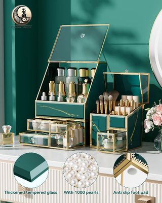 CoralHouse Large Makeup Organizer,Green Cosmetics Organizer,Skincare Organizer,Makeup Organizer For Vanity,Brush Organizer,High Hardness Glass Makeup Organizer Countertop.