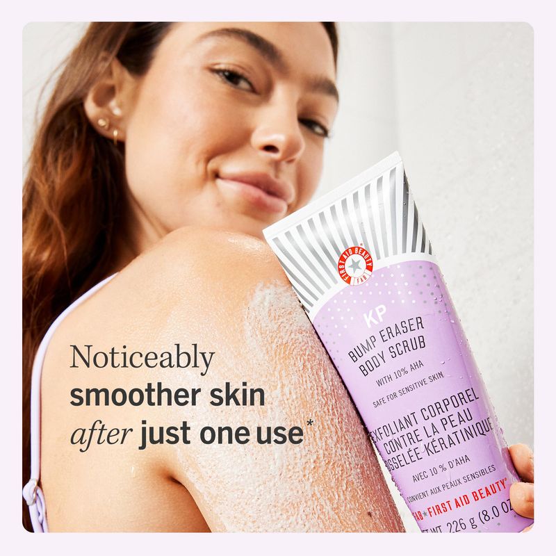 First Aid Beauty - KP Bump Eraser Body Scrub with 10% AHA, Keratosis Pilaris Skin Exfoliater with Glycolic and Lactic acids, Helps Reduce Chicken Skin Bumps, Safe for Sensitive Skin, 8 oz + Bonus, 2ct