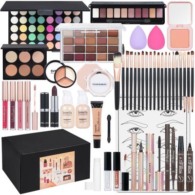 All in One Makeup Kit Makeup Kit for Women Full Kit Multipurpose Makeup eyeshadow liquid foundation,Loose powder,Eyebrow pencil,4-color lip gloss set