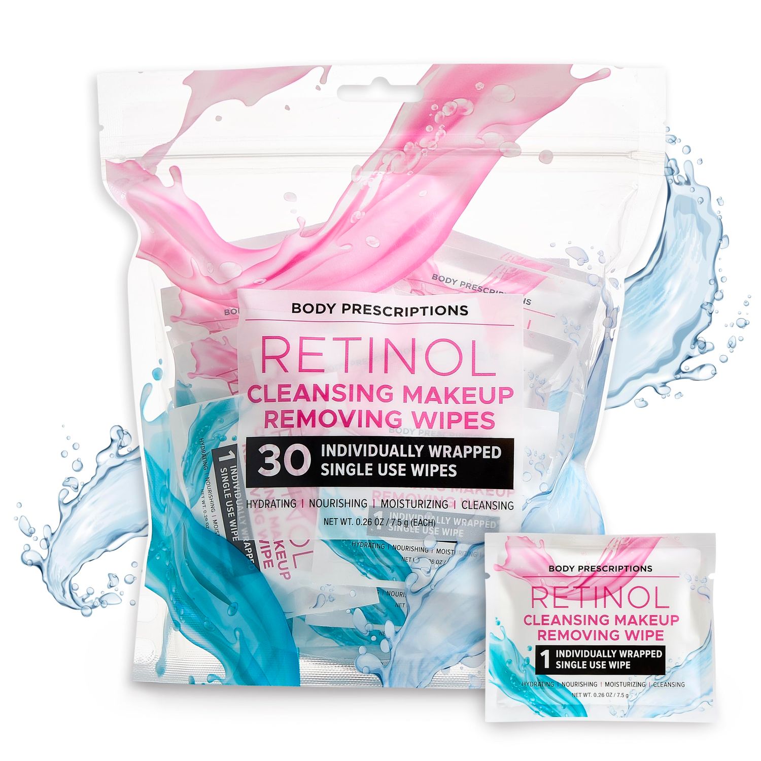 Body Prescription Makeup Cleansing Wipes - Gentle and Effective Face Wipes, 30 Count Individually Wrapped (Pack of 1), Retinol Makeup Wipes