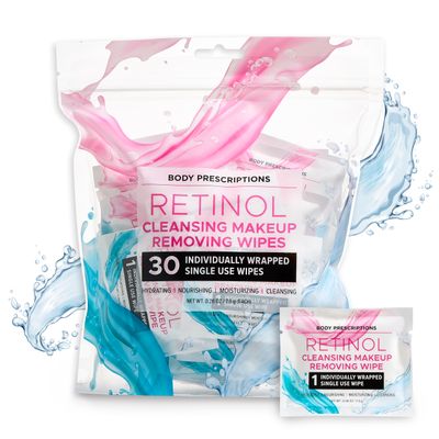 Body Prescription Makeup Cleansing Wipes - Gentle and Effective Face Wipes, 30 Count Individually Wrapped (Pack of 1), Retinol Makeup Wipes