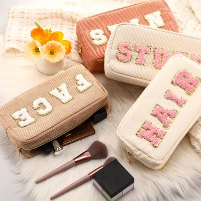 4 Pcs Preppy Patch Makeup Bag Corduroy Cosmetic Bag Makeup Accessories Skincare Bag Chenille Letter Bag Portable Zipper Face Bag Cute Toiletry Bag for Women Travel(Pink, Brown Series Color)