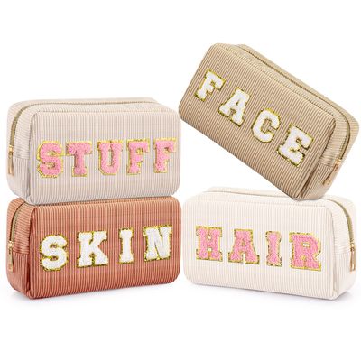 4 Pcs Preppy Patch Makeup Bag Corduroy Cosmetic Bag Makeup Accessories Skincare Bag Chenille Letter Bag Portable Zipper Face Bag Cute Toiletry Bag for Women Travel(Pink, Brown Series Color)