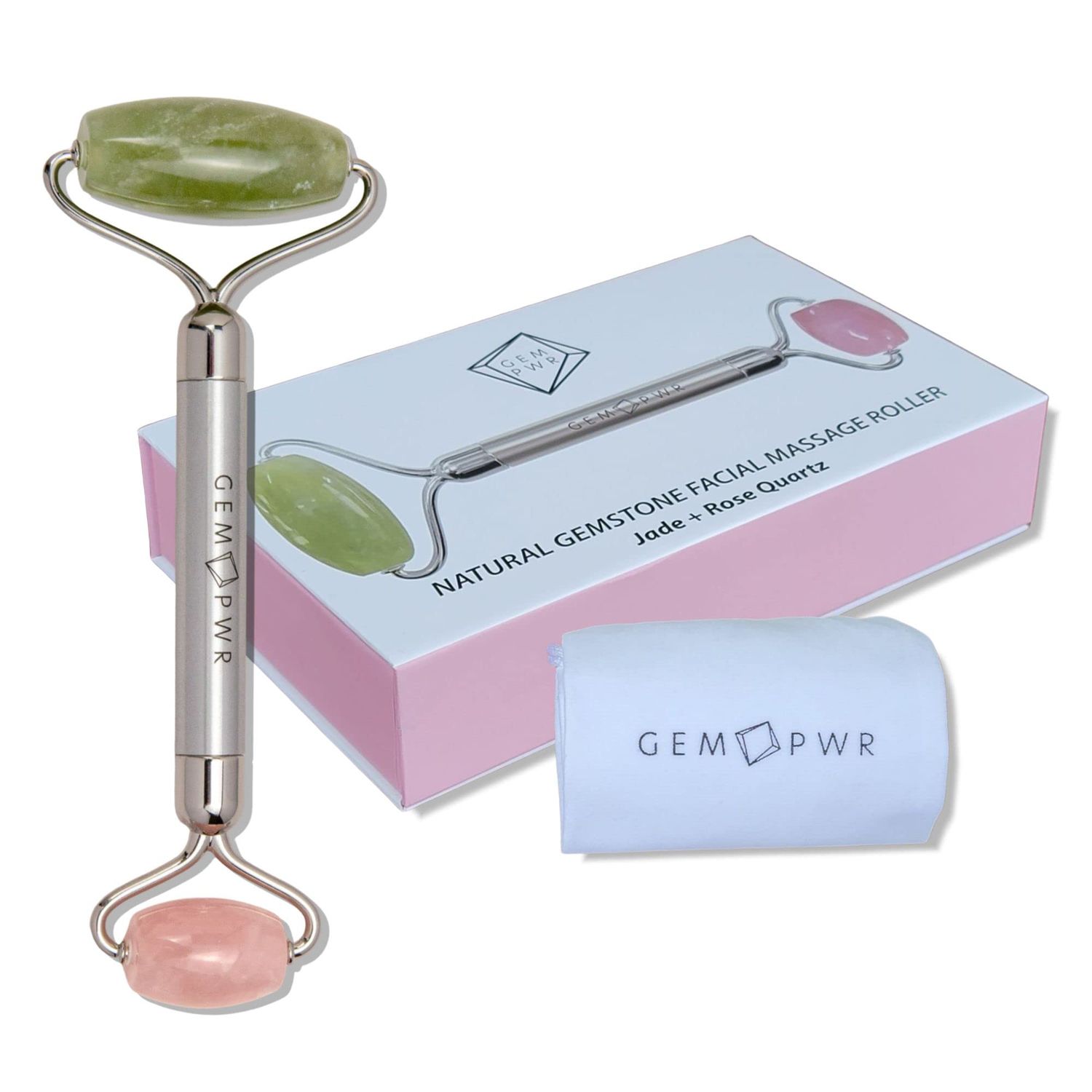 GEM PWR Rose Quartz + Jade Roller for Face and Neck Massage, Dual Gemstones with Durable Steel Handle and Travel Bag. Minimize Wrinkles, Reduce Puffiness and Restore Skin&#39;s Elasticity and Radiance