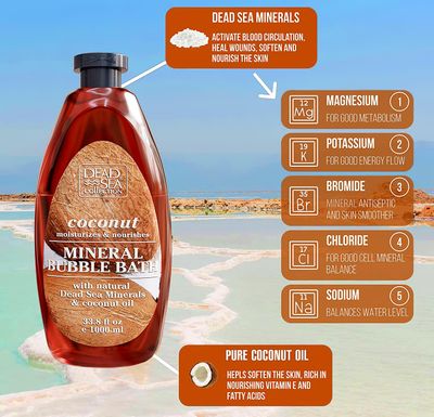 Dead Sea Collection Bubble Bath with Coconut for Women and Men - Coconut Oil and Pure Dead Sea Minerals - Nourishing and Moisturizing Skin - Pack of 2 (67.6 fl.oz)