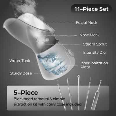 Bella Ciao Gentle Face Steamer for Facial Deep Cleaning, 11-PC | Facial Steamer for Proactive Acne Treatment Unclogs Pores &amp; Treats Allergies | Facial Skin Care Products Includes Needles &amp; Tweezers